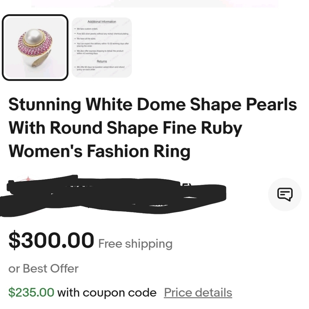 Genuine Cultured Pearl & Rubies in Sterling Silver Ring. Size 7 - Picture 9 of 9